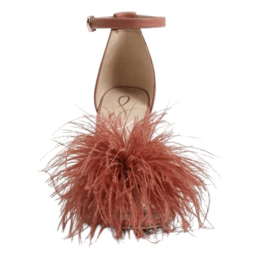 Sam Edelman Rust Feather Pom-Pom Ankle Strap Block Heel Sandals NWOT - Picture 5 of 9